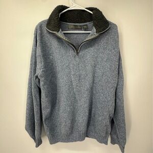 Oscar de la Renta Men's Quarter Zip Cotton Sweater Fleece Collar Pullover Blue L